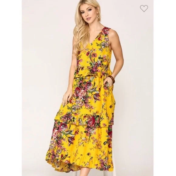 Gigio USA Dresses | Yellow Floral Ruffle Maxi Dress Gigio Yellow Maxi Dress | Color: Yellow | Size: L | Glamour_Magic's Closet